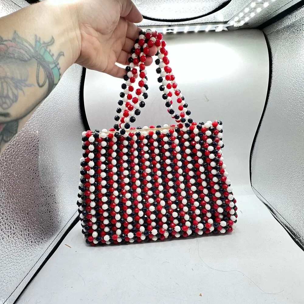 Vintage Red White & Blue Beaded Mini Bag made in Hong Kong - Picture 5 of 12